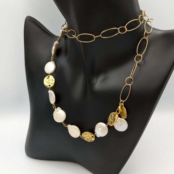 JULIO Coin Pearl Necklace Gold Tone Retired Freshwater Pearl 24 inch long Signed - Picture 10 of 15